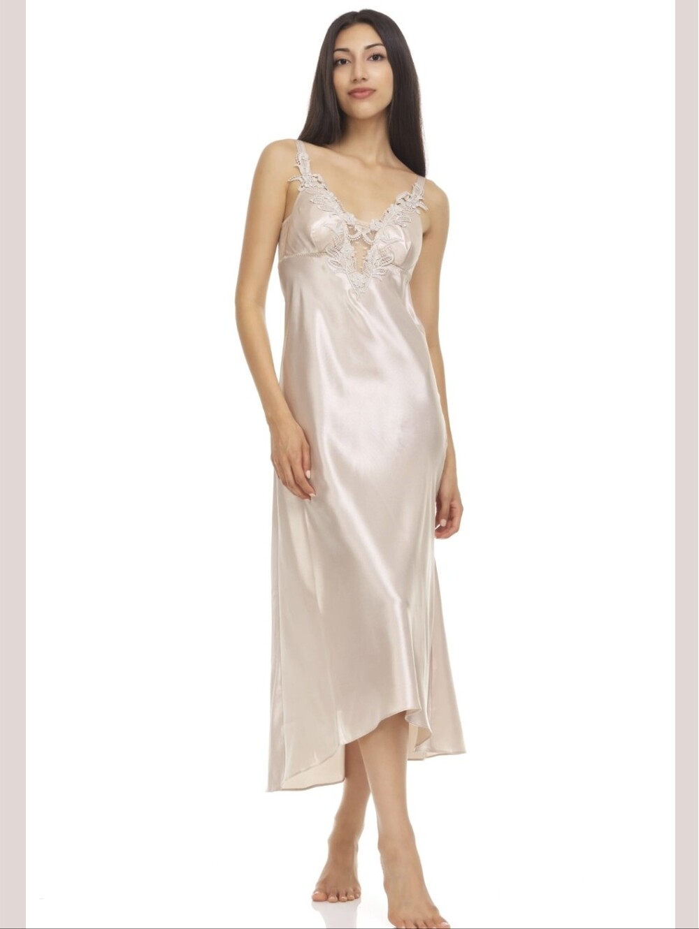 Flora By Flora Nikrooz Stella Gown Lace Trim V Neck Sexy Lingerie Slip Dress